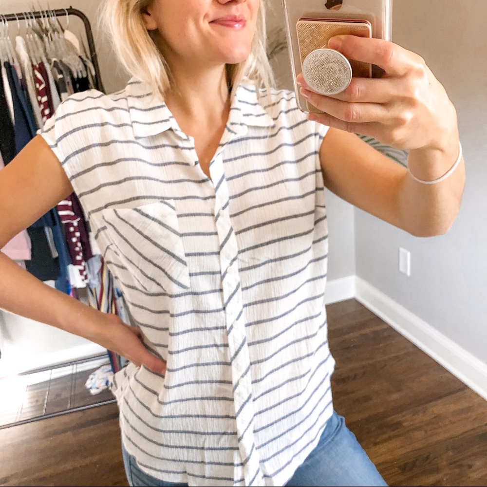 Merona Striped Cap Sleeve Shirt Top White/Gray S - Picture 8 of 11